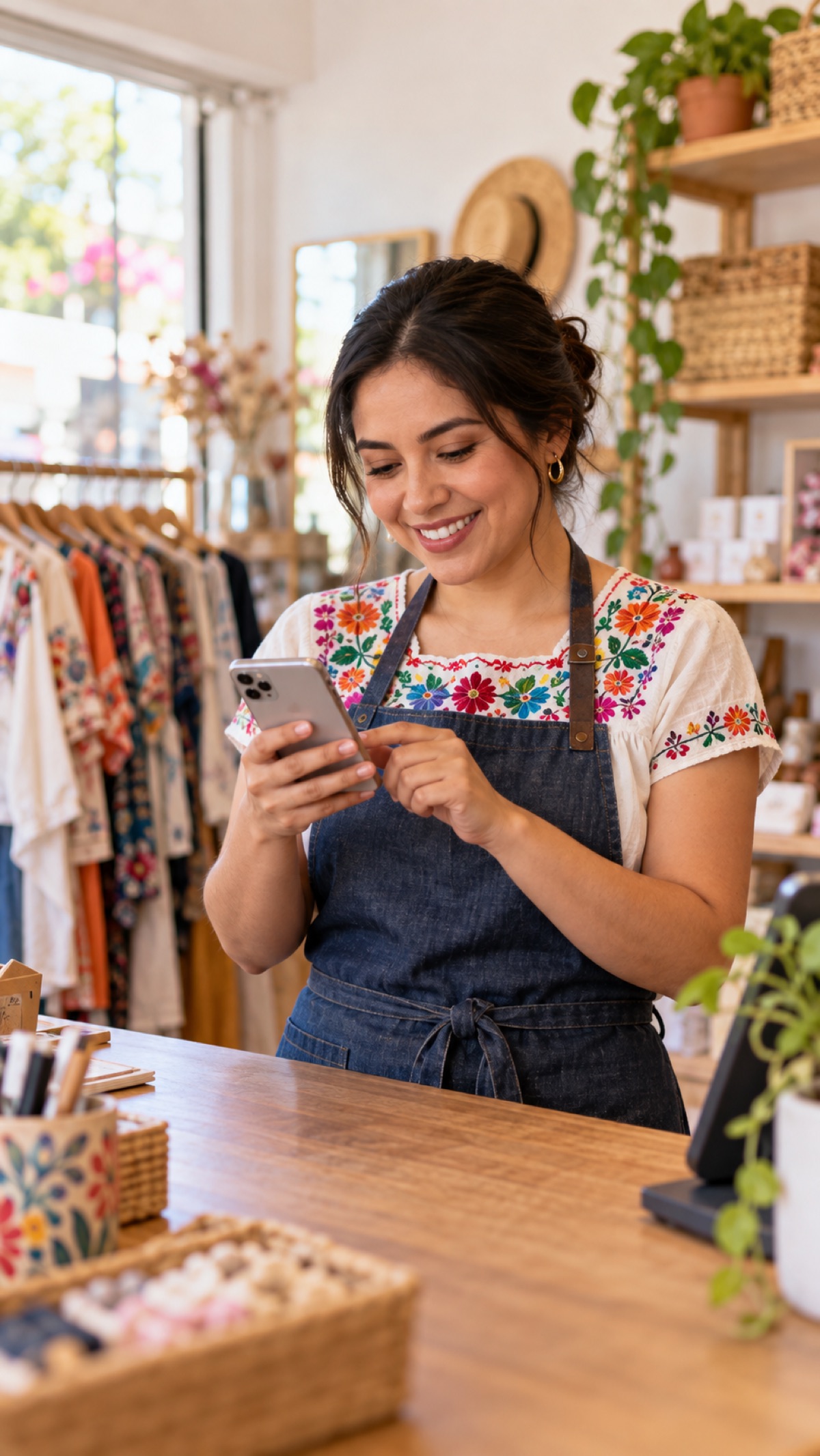 Ilustración de una comerciante atendiendo una consulta desde su teléfono